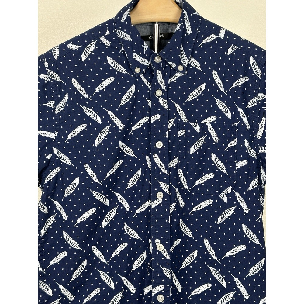 Carbon Mens Short Sleeve Button Up Shirt S Navy Feather Polka Dots Beach Preppy‎